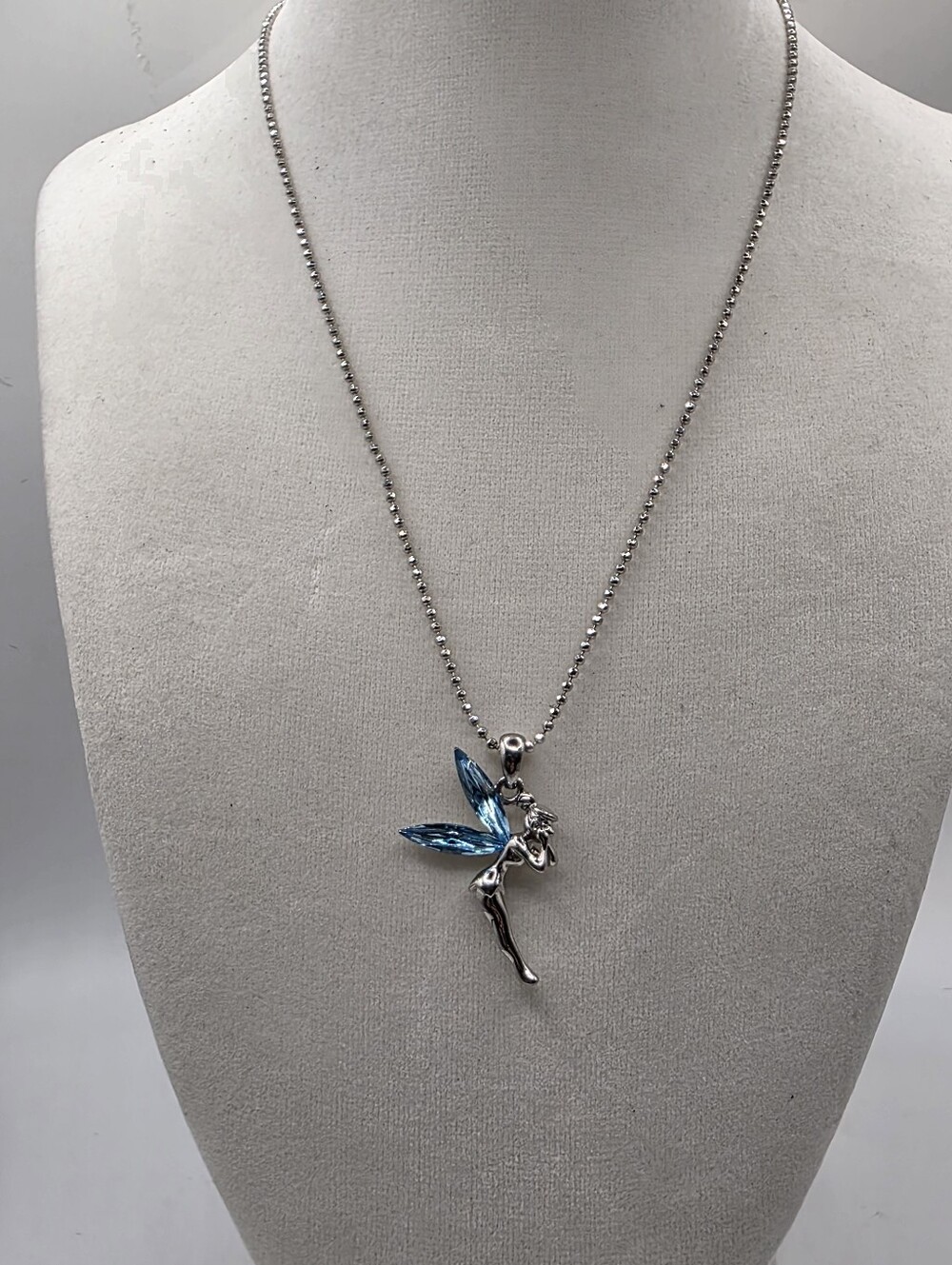 Vintage Y2K Silver Fairy Pendant Necklace Blue Crystal Wings Ball Chain 18-20"